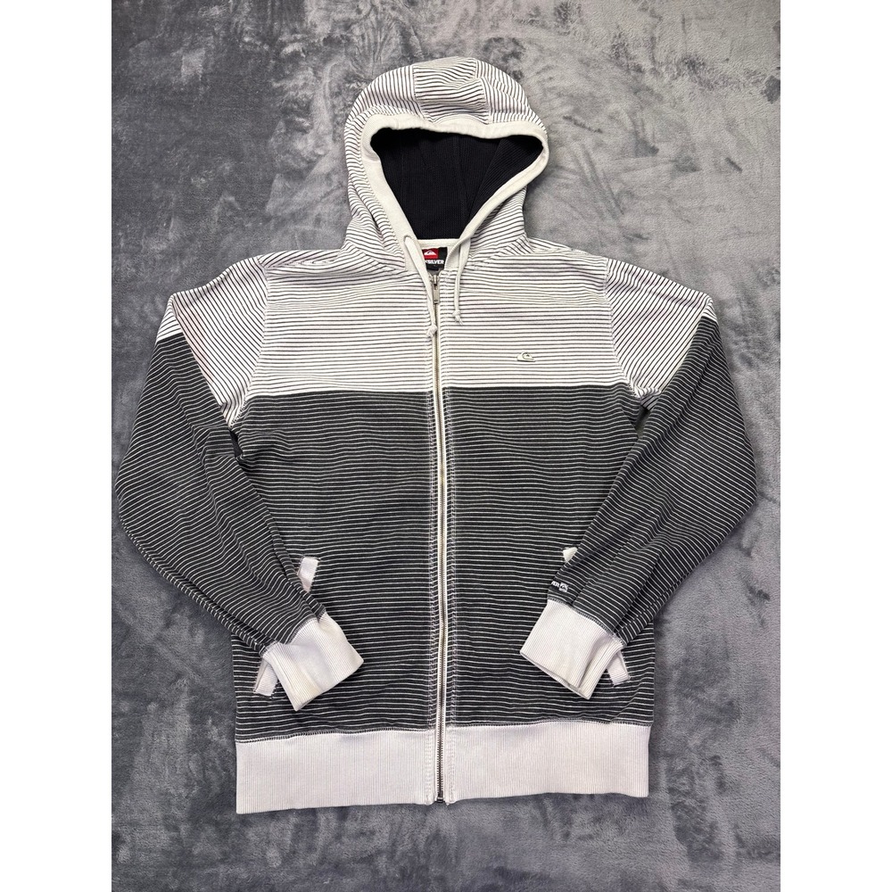 Quiksilver Full Zip Hoodie Black White Striped Surf Skate Men's Small‎